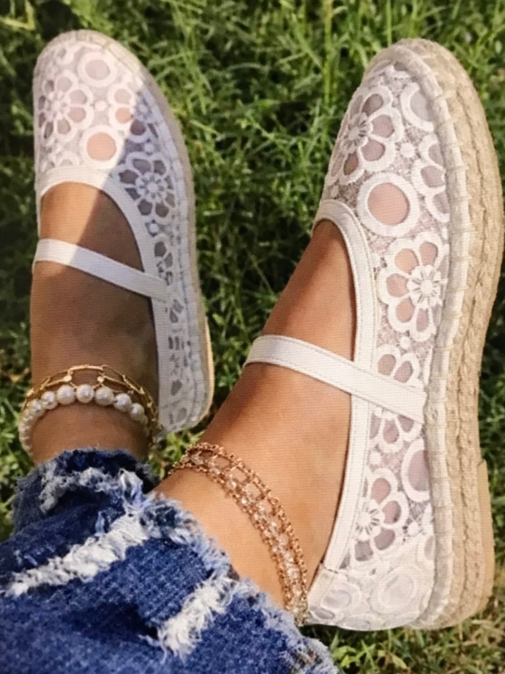 UNIVERSAL THREAD Celia Floral Lace Mary Jane Espadrille Flat Shoes White Size 7